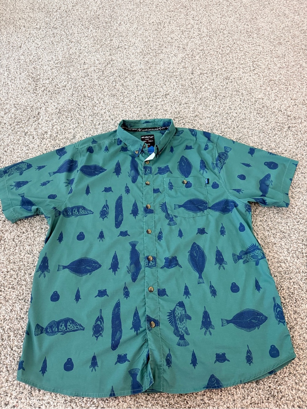 Kavu Teal Short-Sleeve Button-Up Shirt with Navy Fish Print
